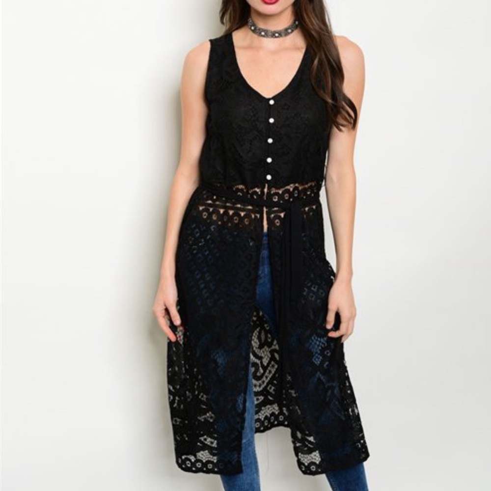 Sleeveless Black Lace Duster Vest - Women Tops NWOT